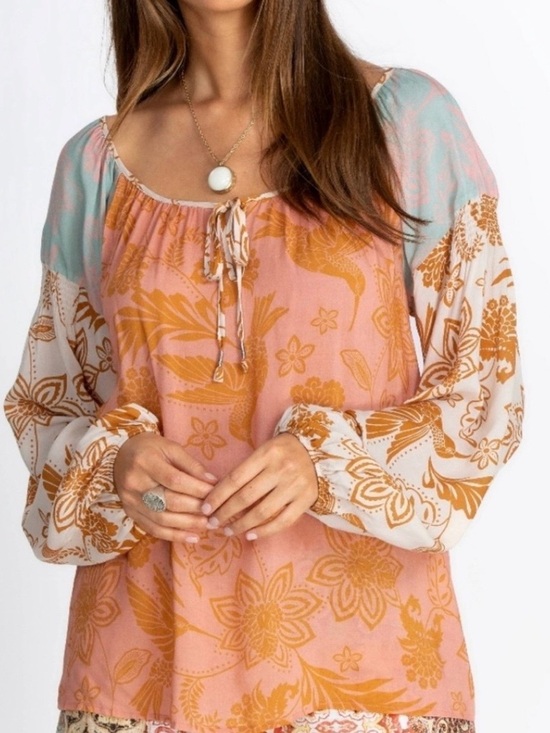 Johnny Was Tops - Johnny Was Waimea Mixed Floral Patchwork Peasant Top Pink & Orange Size XL